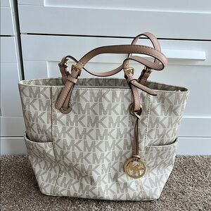 Michael Kors Cream and Tan Tote Bag with Signature Monogram